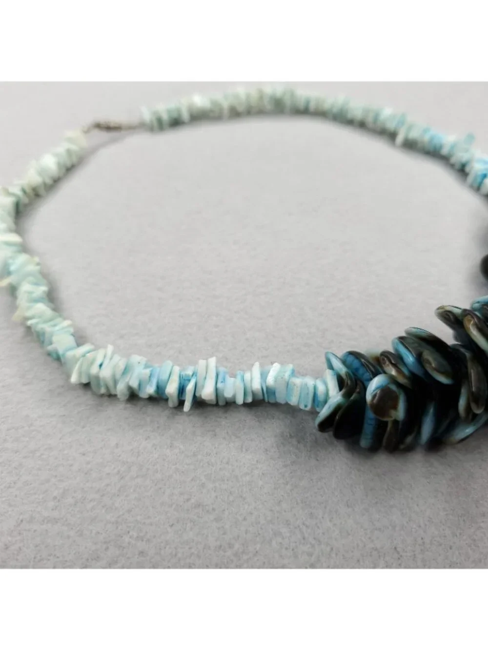 Vintage Beaded Shell Necklace Blue Beach Tiki Boho 16